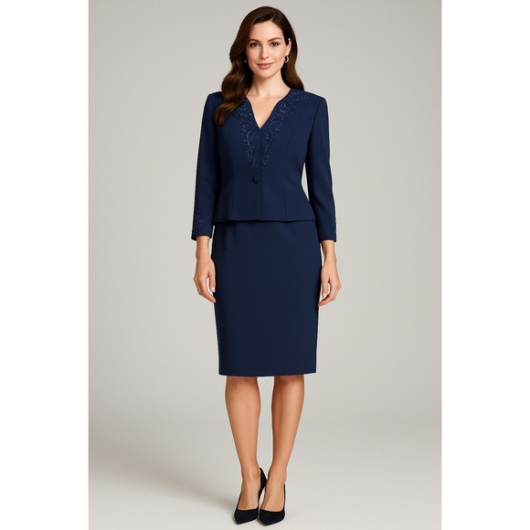 Maggie London Jacket Dress‎ Womens 4 P Navy Beaded Formal Dress Cocktail Wedding - Picture 1 of 16